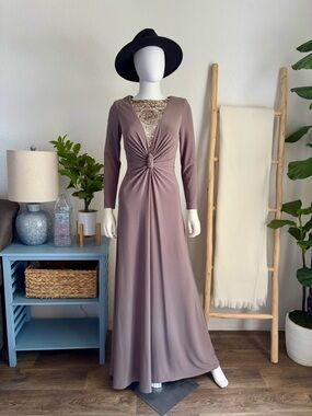 Rina diMontella Mauve Knot-Front Long Sleeve Evening Gown with Beaded Bodice